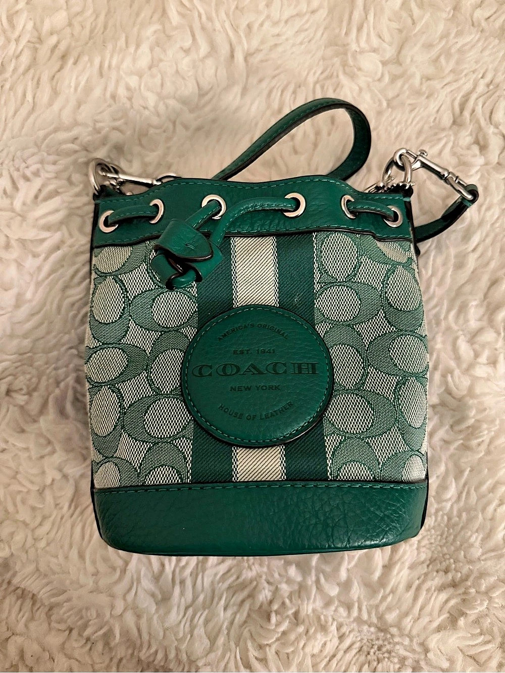 Coach Mini Dempsey Bucket Bag In Signature Jacquard With Stripe And Coach Patch